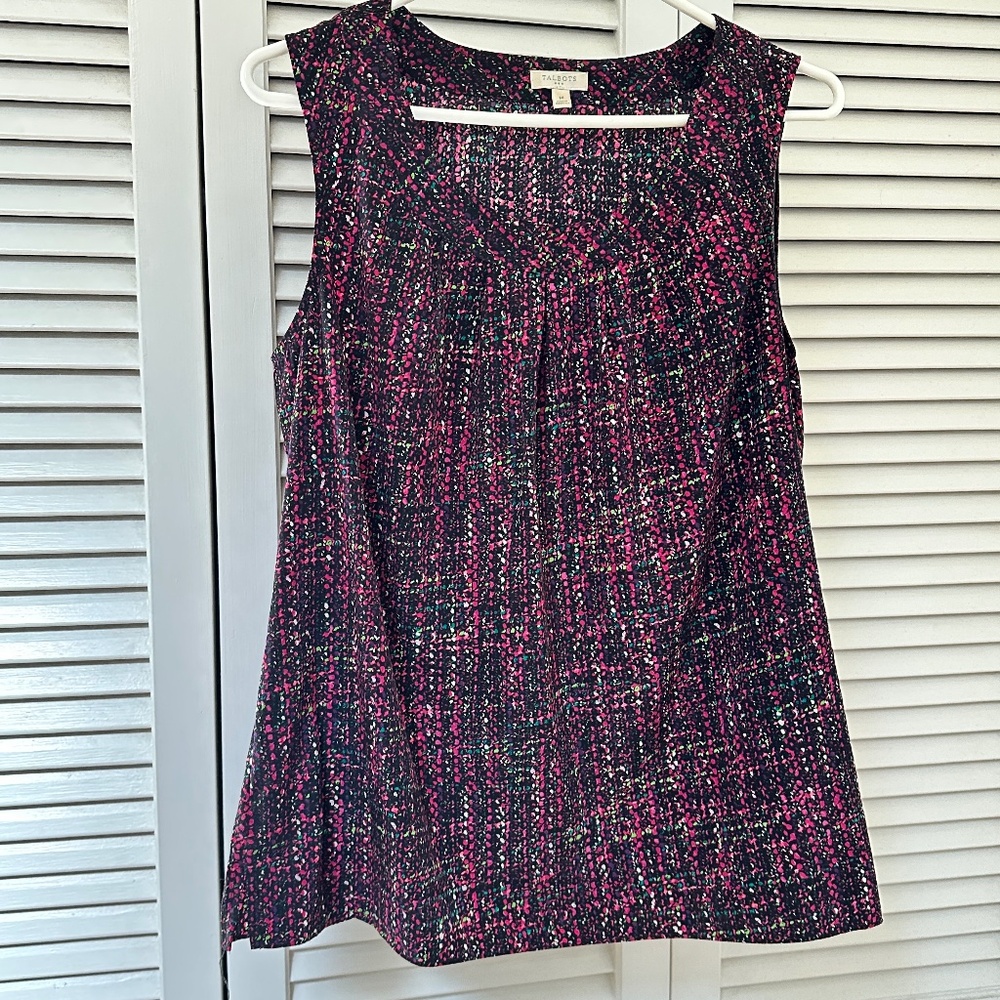 Talbots Sleeveless Colorful Print Silky Poly Blouse Scoop Neck Medium